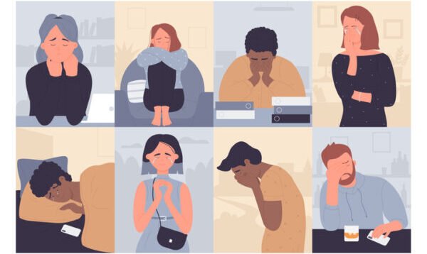 People in depression set, cartoon depressed man woman characters crying, sitting alone in stress